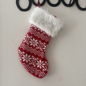Red Christmas‎ Stocking W/ White Snowflake, knitted /Stripes Holiday Fluffy.